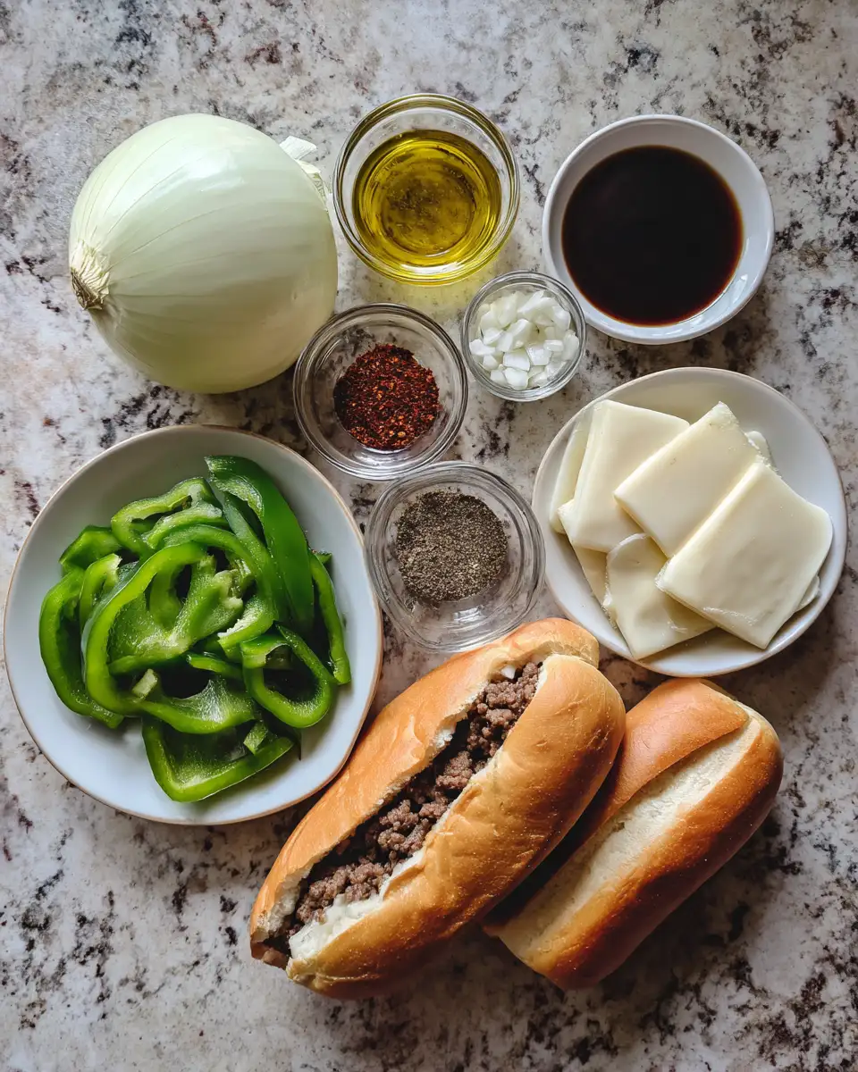 Ingredients for Ultimate Ground Beef Cheese Steak Delight