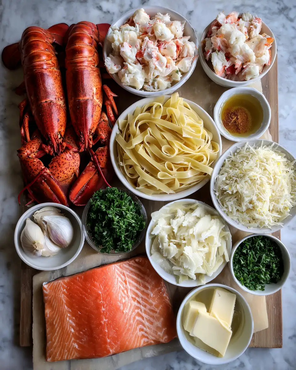 Ingredients for Decadent Cajun Lobster, Crab, and Salmon Alfredo: A Seafood Lover's Dream