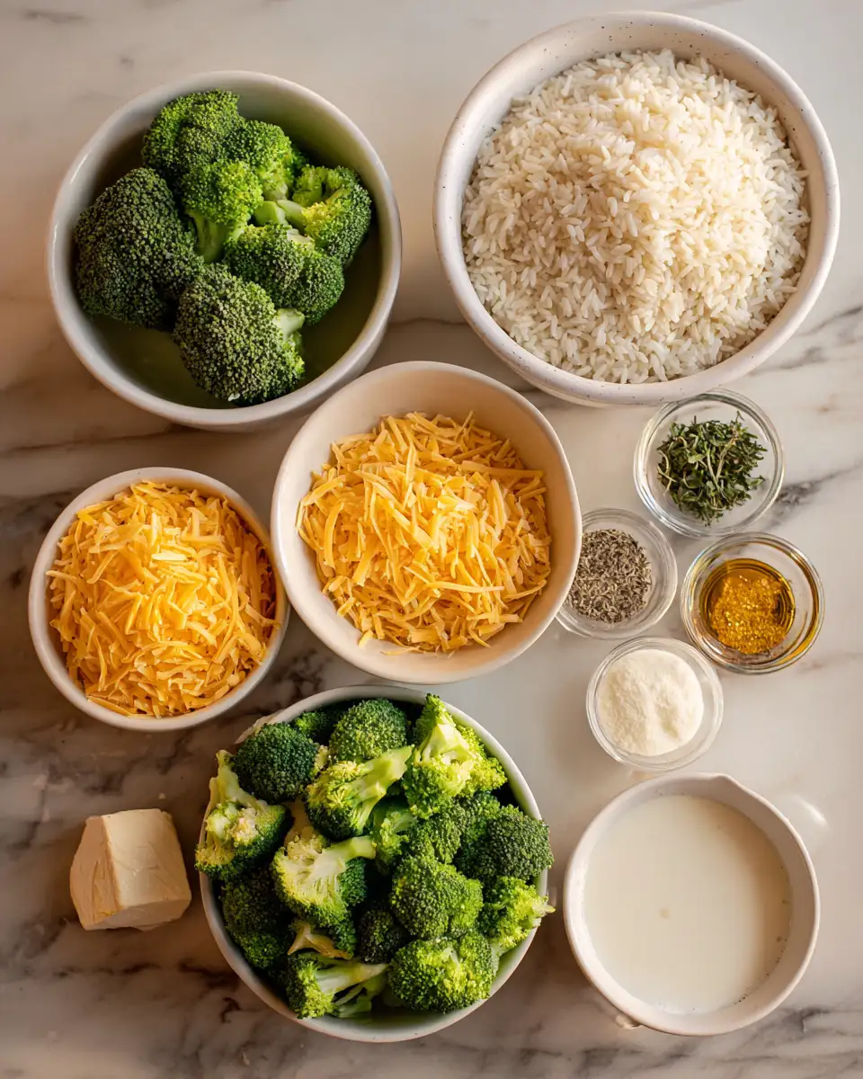 Ingredients for Ultimate Comfort Food Cheesy Broccoli Rice Bake Recipe