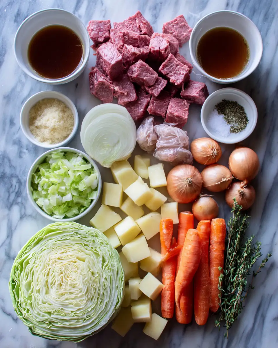 Ingredients for Hearty Corned Beef and Cabbage Stew Recipe to Warm Your Soul