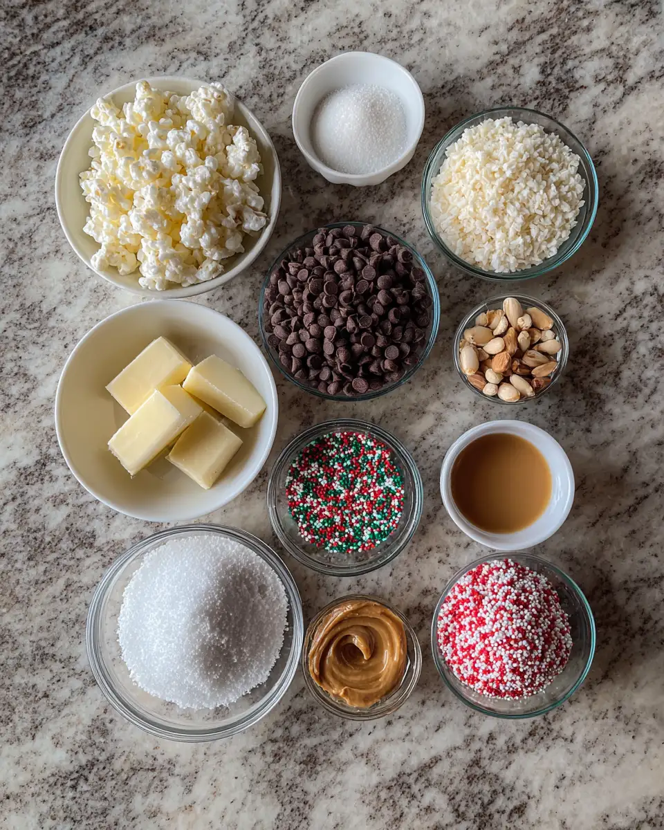 Ingredients for Irresistible Festive Christmas Chocolate Rice Krispie Balls for a Sweet Holiday Treat