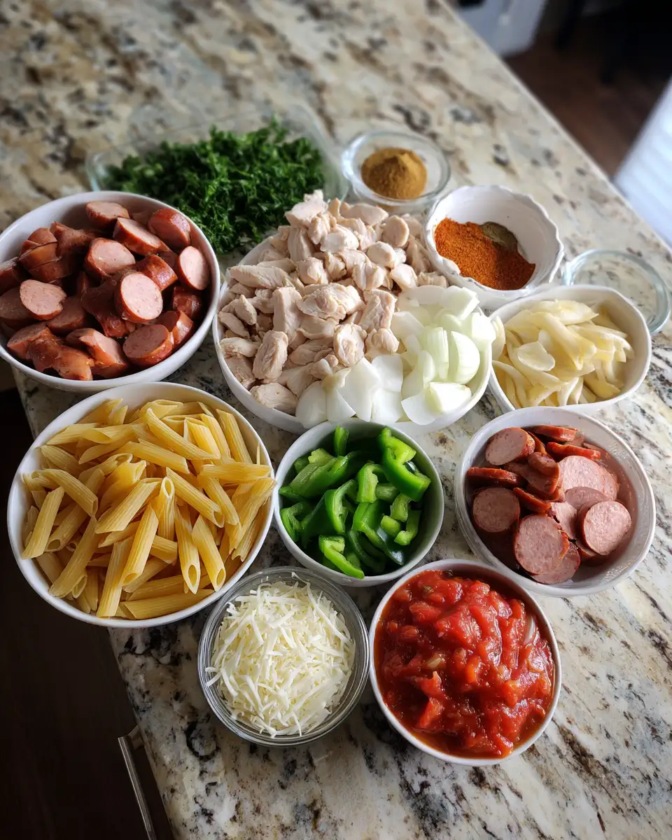Ingredients for One-Pot Cajun Chicken and Sausage Pasta Jambalaya: A Flavorful Feast in Every Bite
