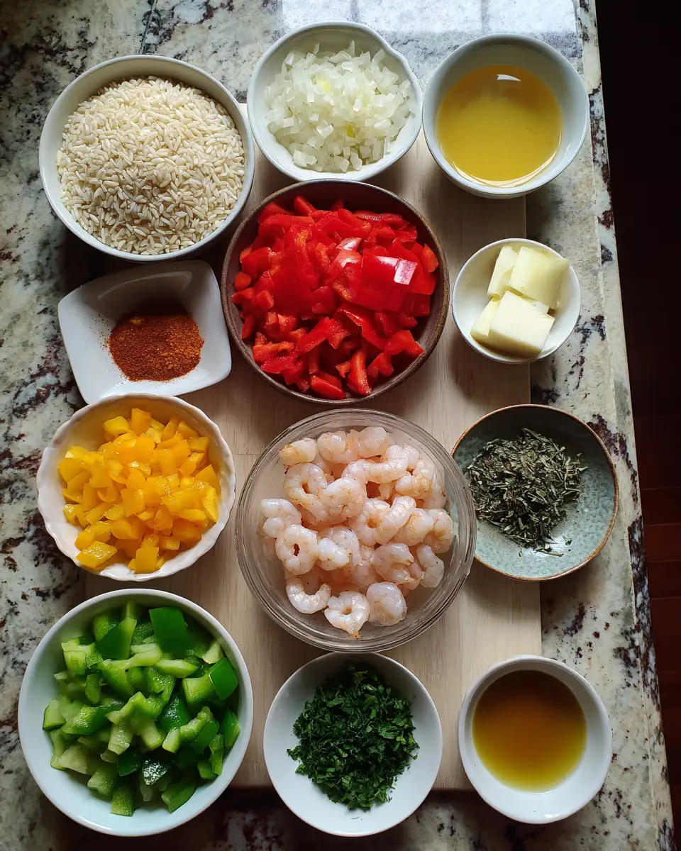 Ingredients for Spice Up Your Dinner Table with Savory Shrimp Dirty Rice and Bell Peppers