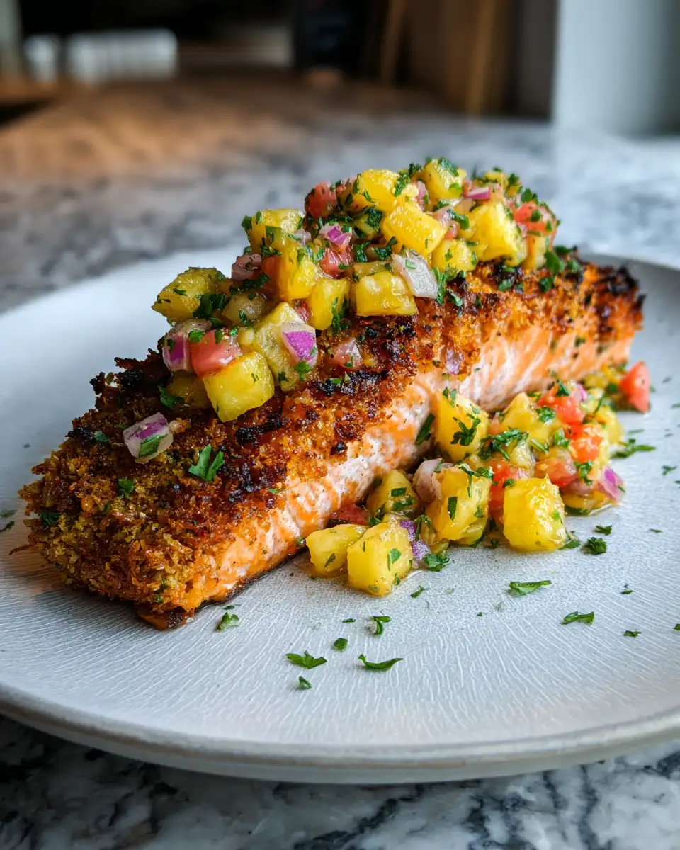 Final dish - Tropical Coconut Crusted Salmon Meets Zesty Pineapple Salsa Bliss