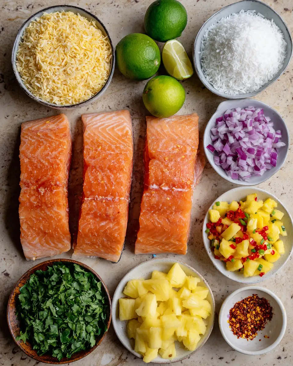 Ingredients for Tropical Coconut Crusted Salmon Meets Zesty Pineapple Salsa Bliss