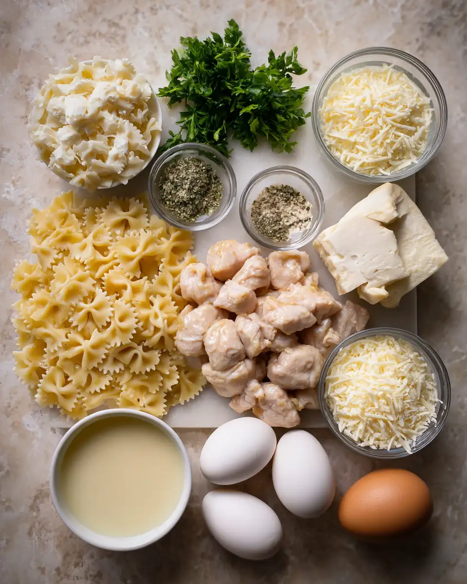 Ingredients for Cheesy Garlic Butter Chicken Bowties with Mozzarella Cream Sauce Recipe to Savor