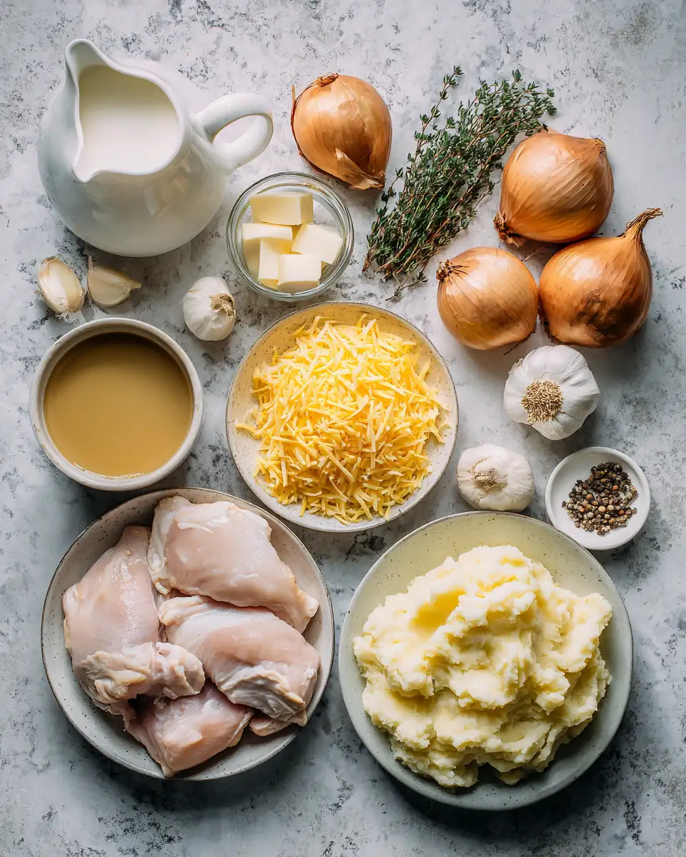 Ingredients for Irresistible Chicken and Garlic Gravy Paired with Cheesy Mashed Potatoes Delight