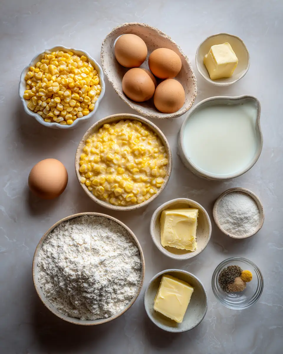 Ingredients for Creamy Comfort Corn Pudding Casserole Recipe That Will Steal the Show
