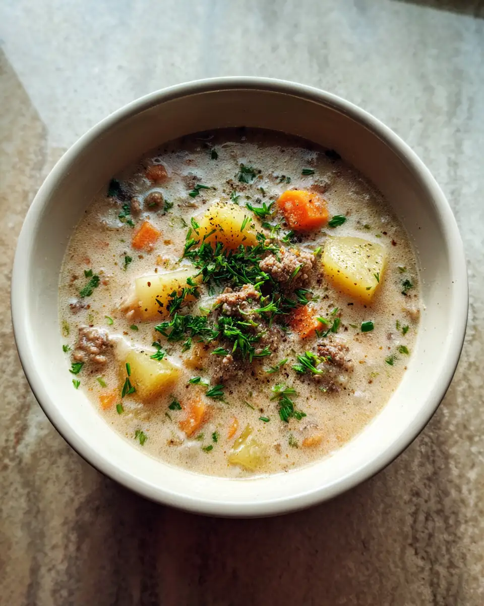 Hearty and Delicious Creamy Potato and Hamburger Soup Recipe - Featured Image