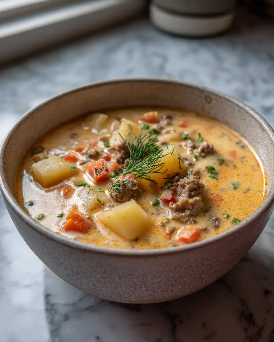 Final dish - Hearty and Delicious Creamy Potato and Hamburger Soup Recipe