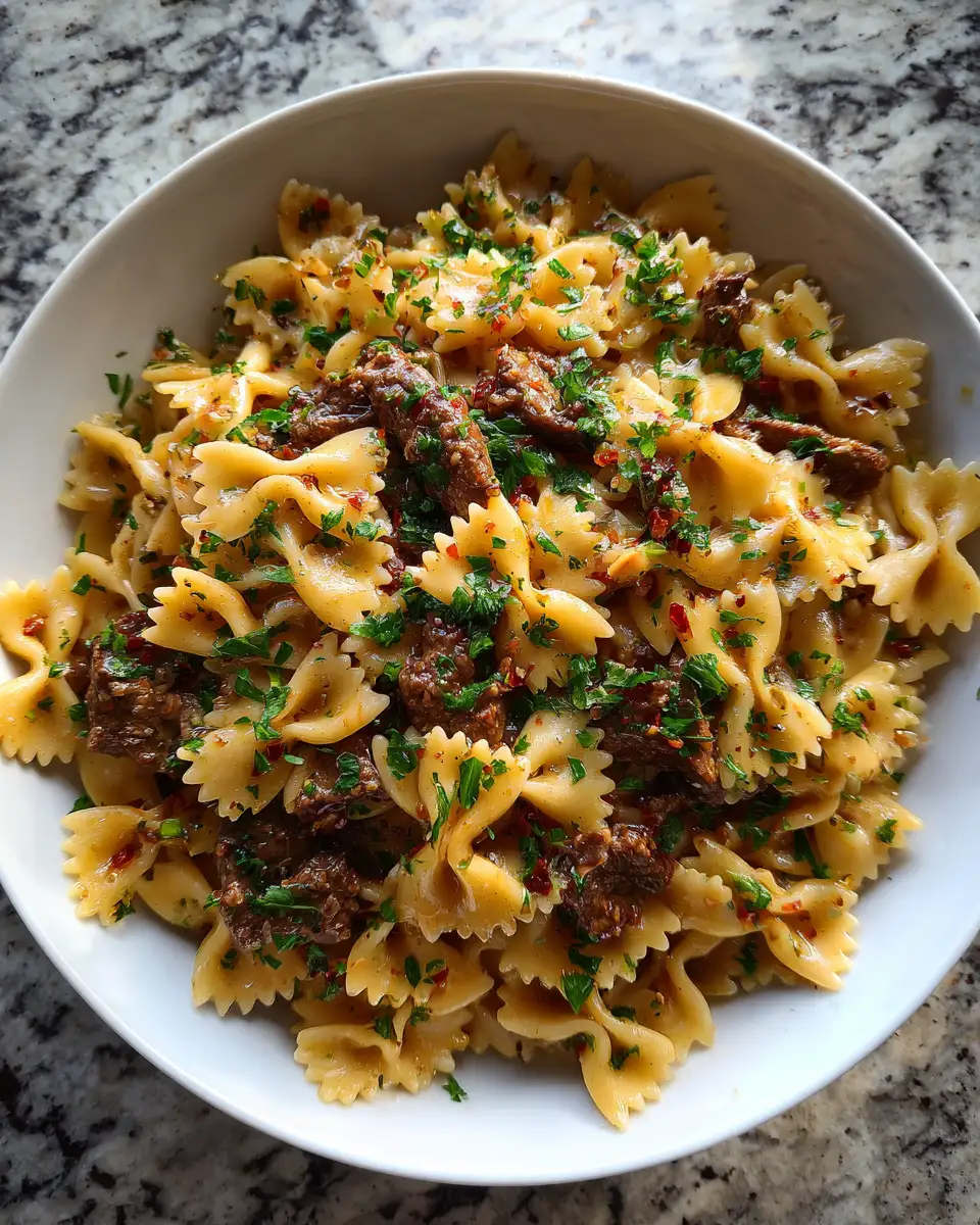 Final dish - Garlic Butter Bowtie Pasta with Beef Perfection Recipe for Flavor Lovers