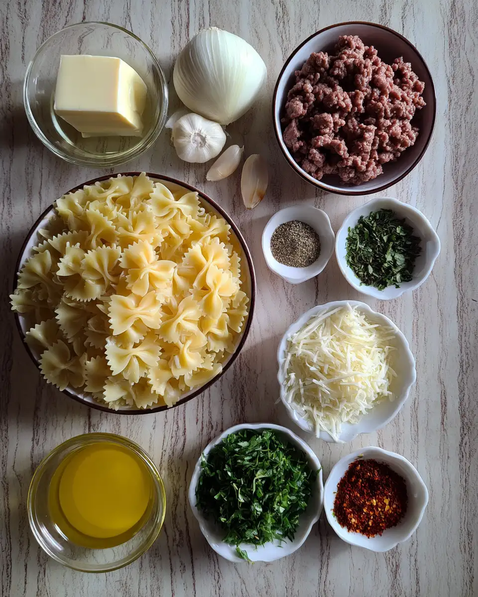 Ingredients for Garlic Butter Bowtie Pasta with Beef Perfection Recipe for Flavor Lovers