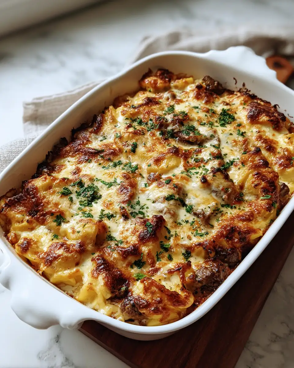 Final dish - Irresistible Golden Cheese Steak Tortellini Casserole Recipe You Have to Try