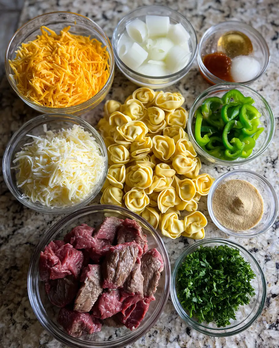 Ingredients for Irresistible Golden Cheese Steak Tortellini Casserole Recipe You Have to Try