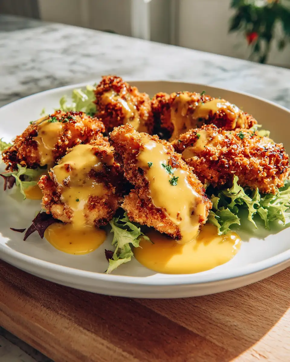 Crunchy Pretzel Chicken with Tangy Mustard Cheddar Sauce Recipe - Featured Image