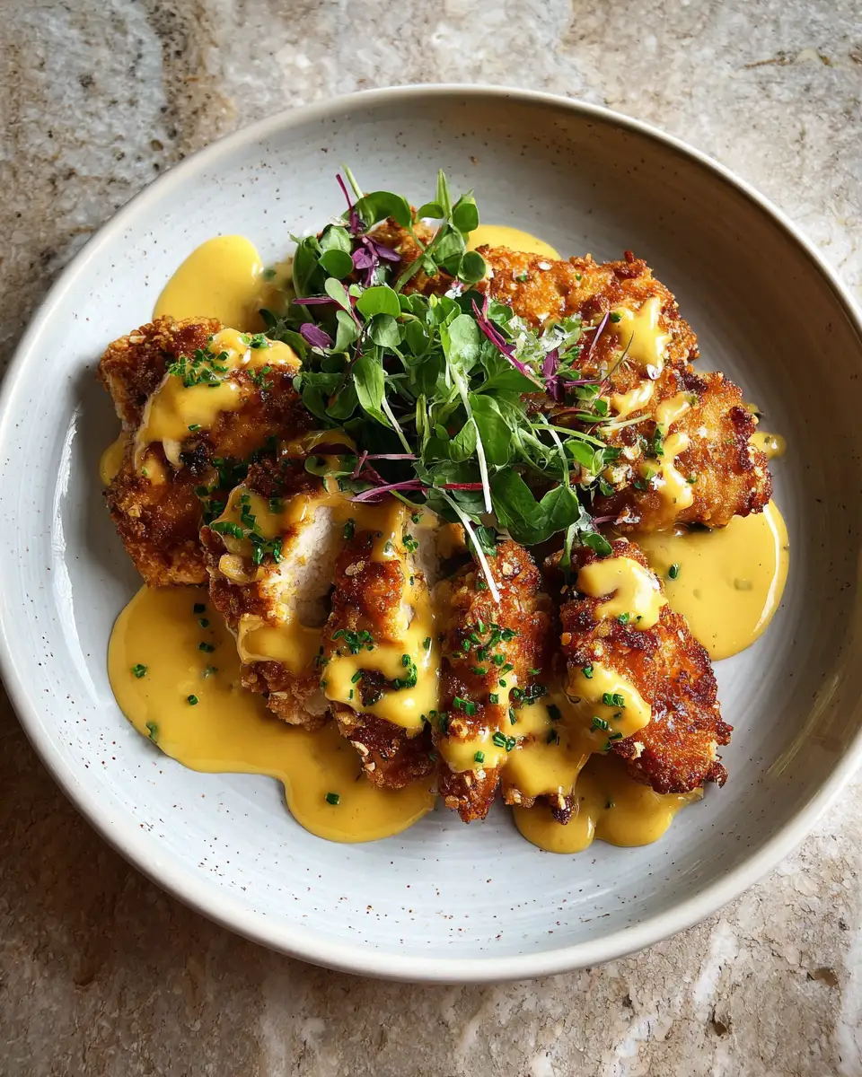 Final dish - Crunchy Pretzel Chicken with Tangy Mustard Cheddar Sauce Recipe