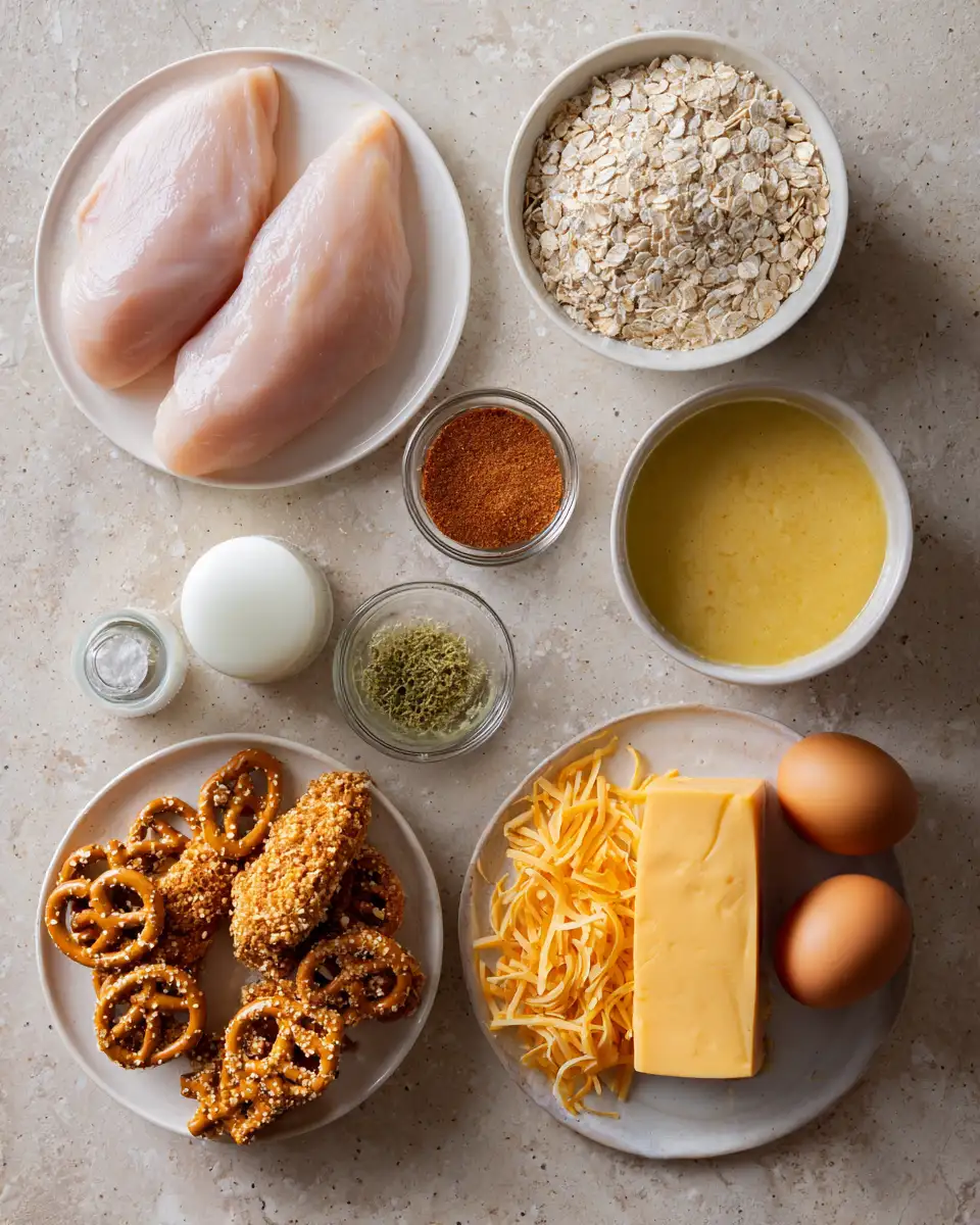 Ingredients for Crunchy Pretzel Chicken with Tangy Mustard Cheddar Sauce Recipe