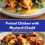 Crunchy Pretzel Chicken with Tangy Mustard Cheddar Sauce Recipe