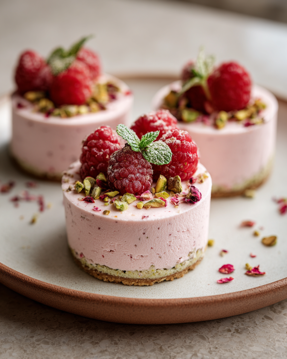 Final dish - Indulge in Decadent Raspberry and Pistachio Mousse Cakes That Delight Your Senses