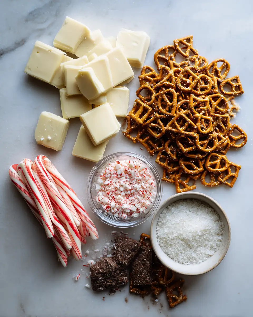 Ingredients for Easy White Chocolate Peppermint Pretzel Crisps Recipe for Festive Snacking