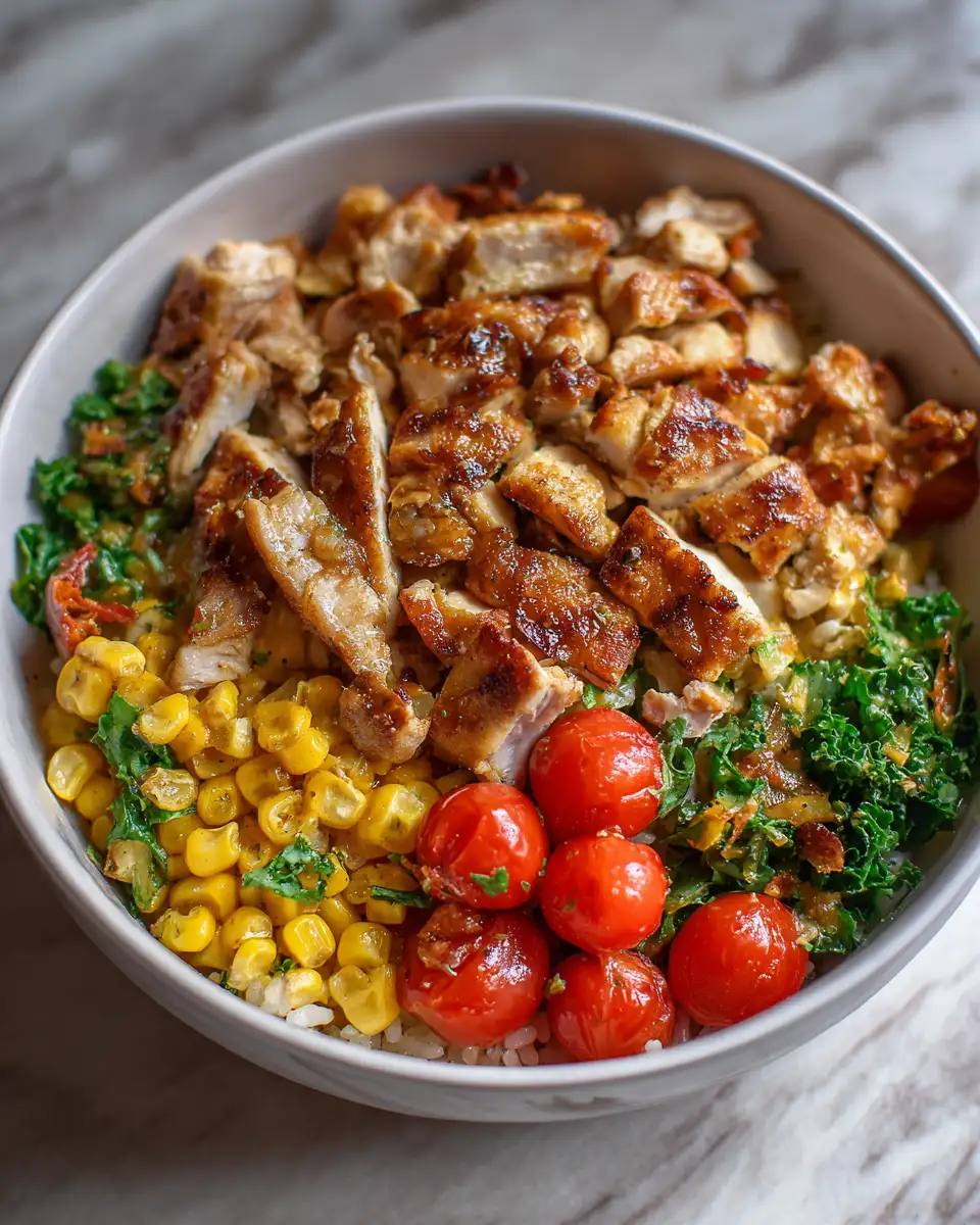 Final dish - Savory Chicken Rice Bowl with a Flavor-Packed Street Corn Twist