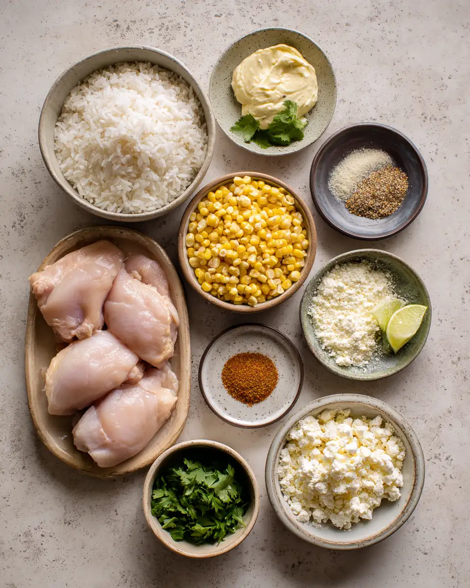 Ingredients for Savory Chicken Rice Bowl with a Flavor-Packed Street Corn Twist