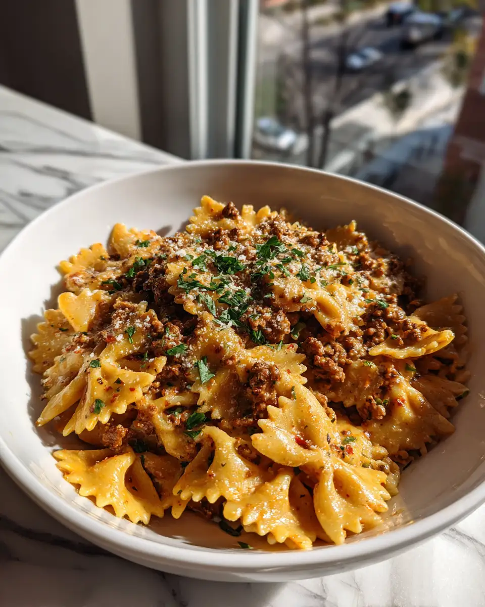 Cajun Cream Cheese Alfredo Bowties with Spiced Ground Beef Recipe to Spice Up Your Dinner - Featured Image