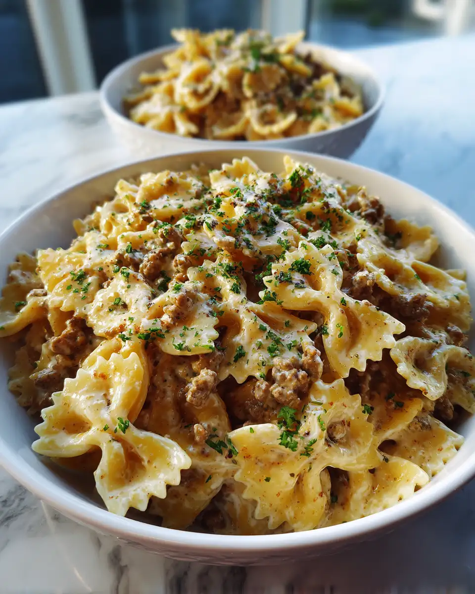 Final dish - Cajun Cream Cheese Alfredo Bowties with Spiced Ground Beef Recipe to Spice Up Your Dinner