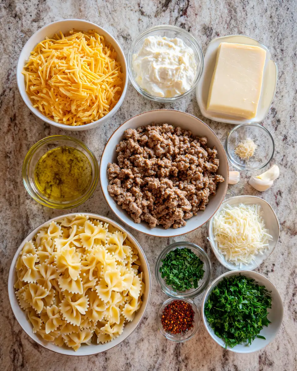 Ingredients for Cajun Cream Cheese Alfredo Bowties with Spiced Ground Beef Recipe to Spice Up Your Dinner