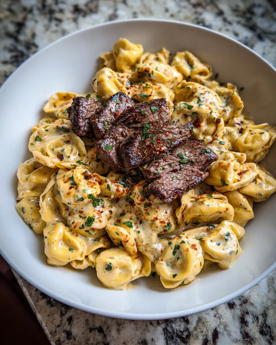 Final dish - Cracked Garlic Steak Tortellini in Creamhouse Sauce Recipe to Savor