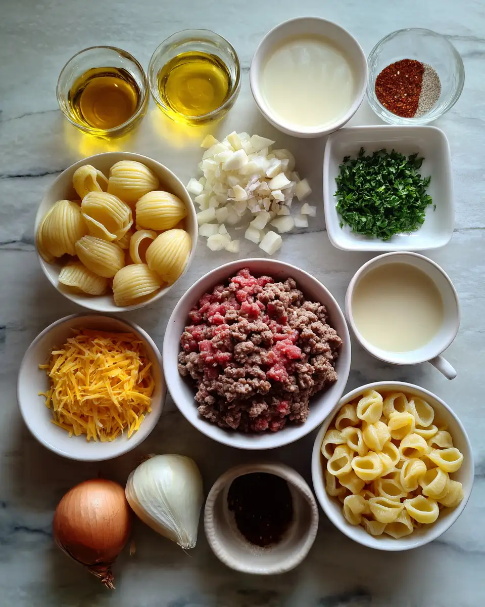 Ingredients for One-Pot Creamy Beef and Shells Recipe That Will Wow Your Taste Buds