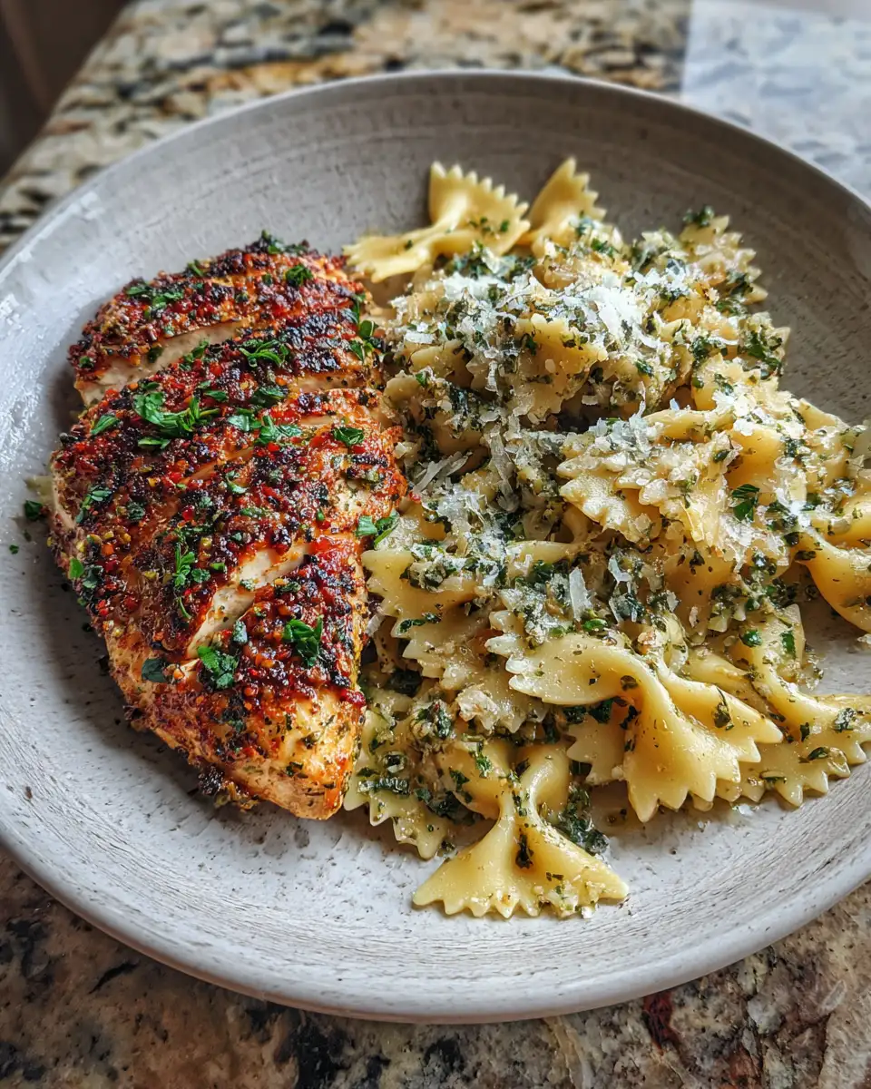 Final dish - Baked Caesar Chicken with Four-Cheese Bowtie Pasta Recipe for a Flavor-Packed Dinner