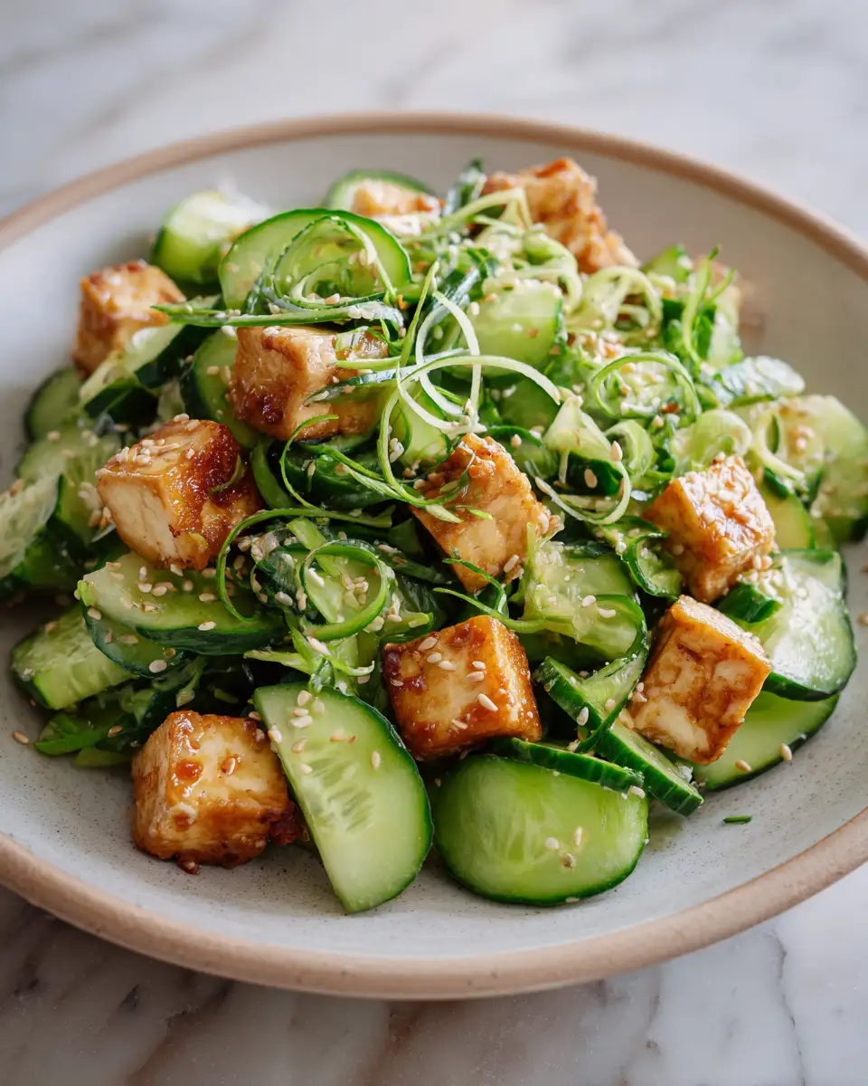 Easy Creamy Asian Cucumber Salad with Crispy Tofu Recipe - Featured Image