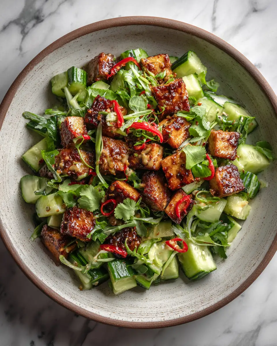 Final dish - Easy Creamy Asian Cucumber Salad with Crispy Tofu Recipe