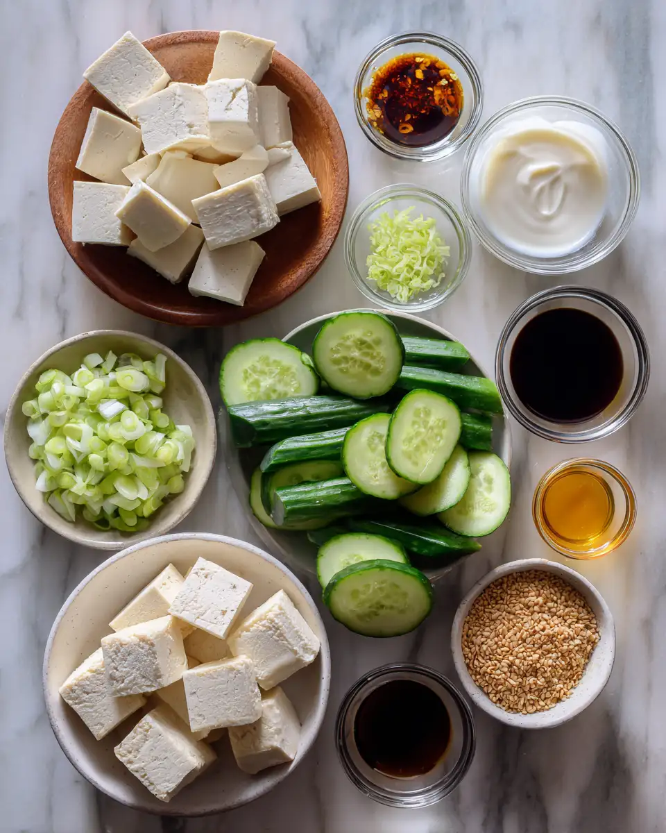 Ingredients for Easy Creamy Asian Cucumber Salad with Crispy Tofu Recipe