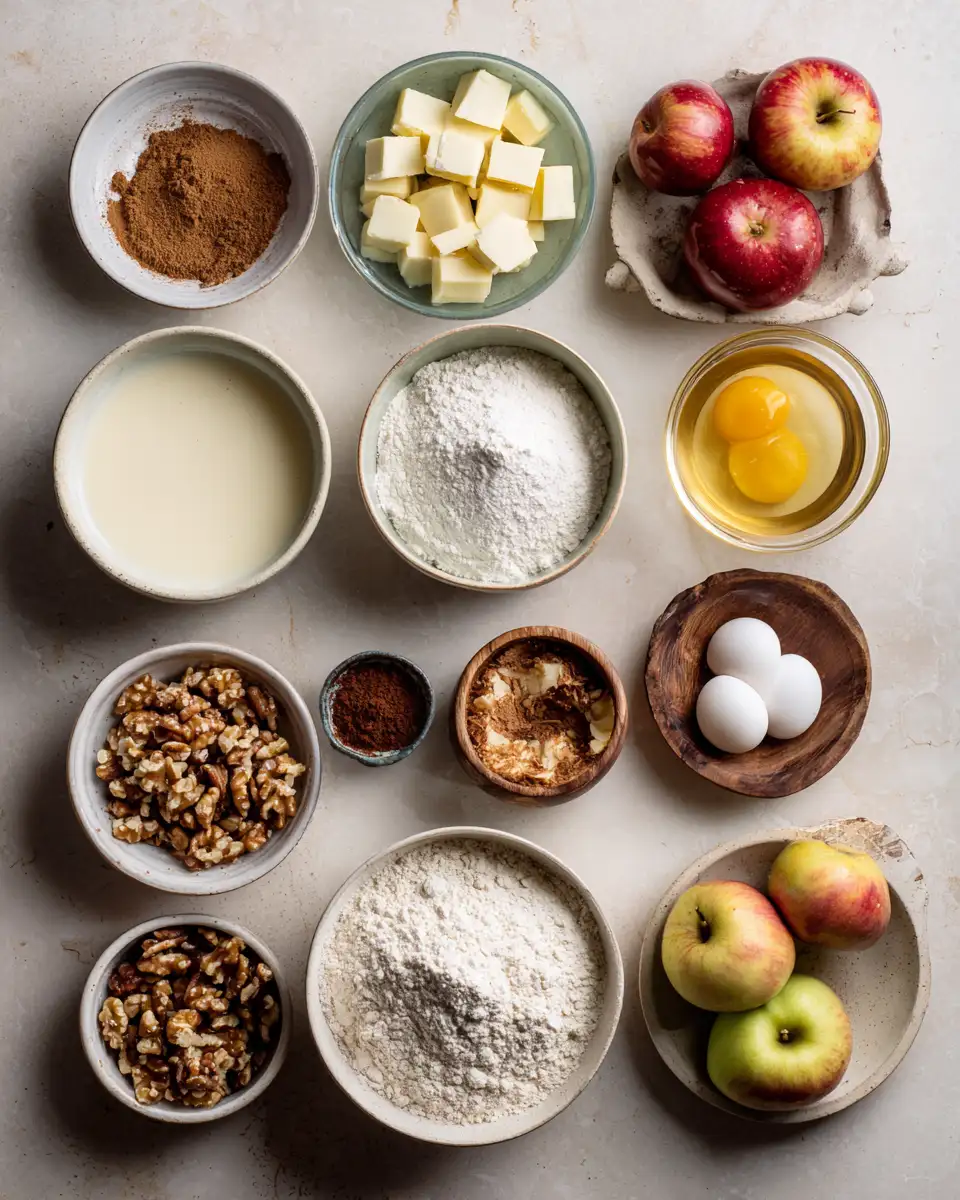 Ingredients for Easy Spiced Apple Cake with Walnuts and Creamy Vanilla Custard Delight