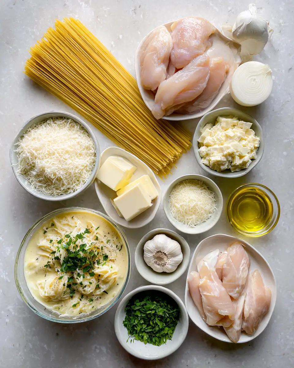 Ingredients for Garlic Butter Chicken Spaghetti in Creamy Parmesan Alfredo That Will Melt Your Taste Buds