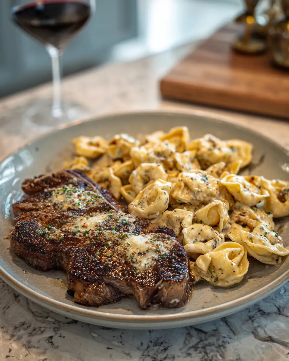 Final dish - Indulge in Garlic Butter Steak and Creamy Alfredo Tortellini Delight
