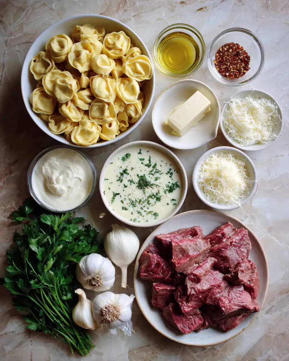 Ingredients for Indulge in Garlic Butter Steak and Creamy Alfredo Tortellini Delight