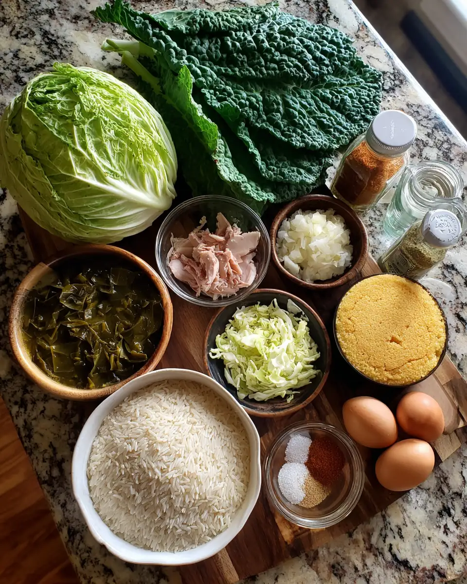 Ingredients for Hearty Gumbo Greens with Cabbage Rice and Cornbread Comfort
