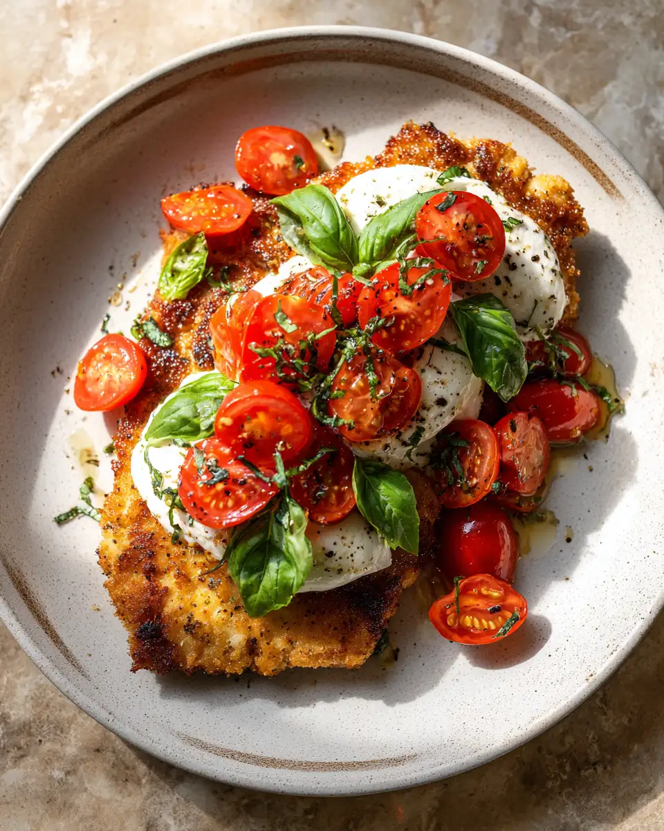 Final dish - Irresistible Italian Basil Chicken Cutlets with Fresh Tomato and Creamy Burrata Topping