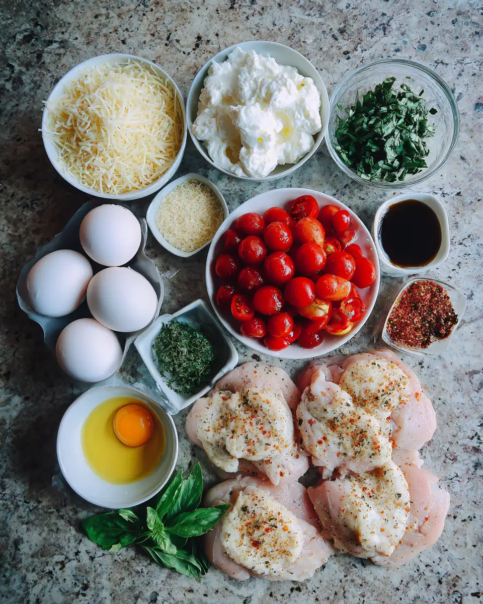 Ingredients for Irresistible Italian Basil Chicken Cutlets with Fresh Tomato and Creamy Burrata Topping