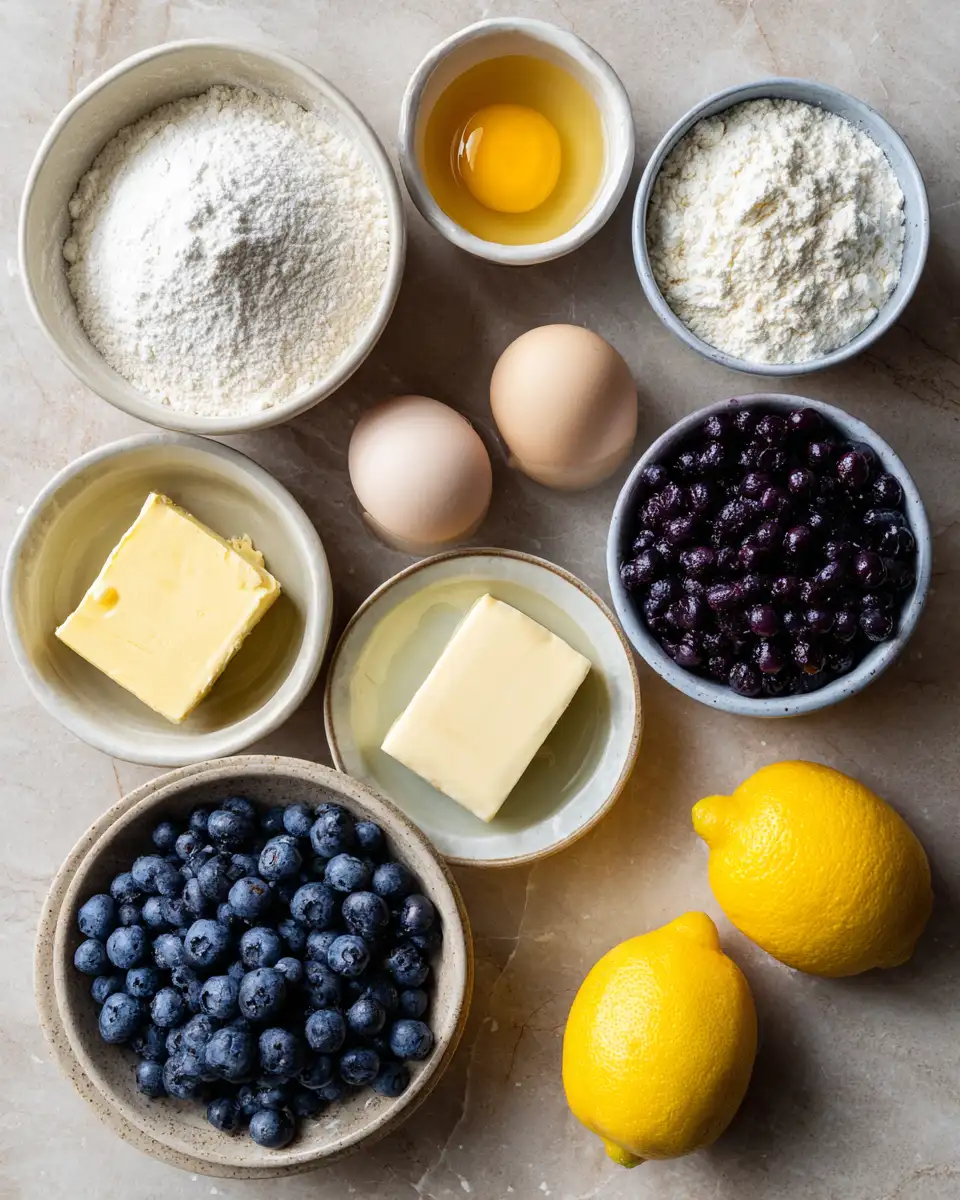 Ingredients for Zesty Lemon Blueberry Pound Cake Recipe That Will Brighten Your Day