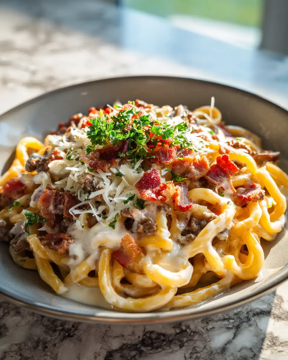 Indulge in the Ultimate Loaded Bacon Cheeseburger Alfredo Pasta Delight - Featured Image