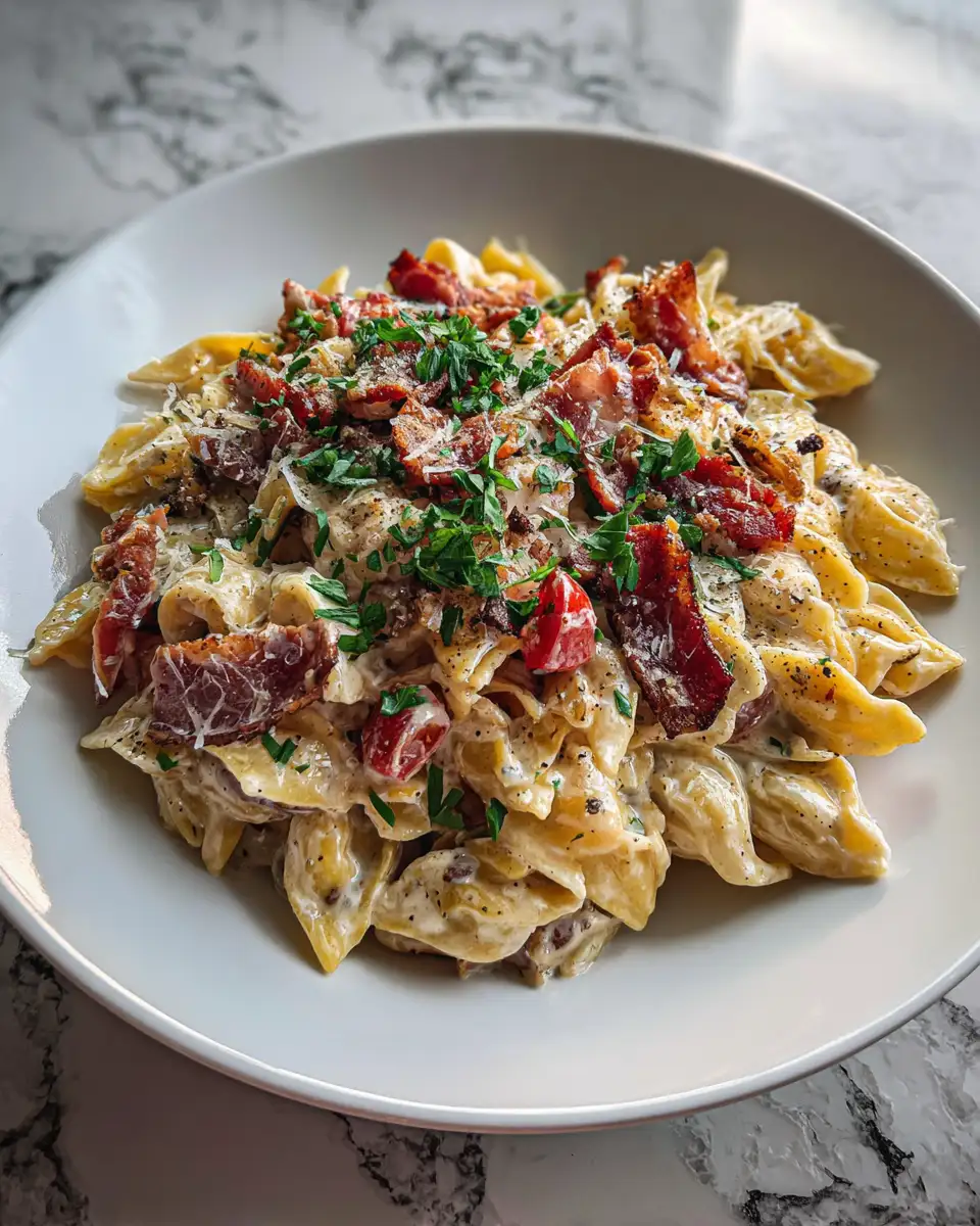 Final dish - Indulge in the Ultimate Loaded Bacon Cheeseburger Alfredo Pasta Delight