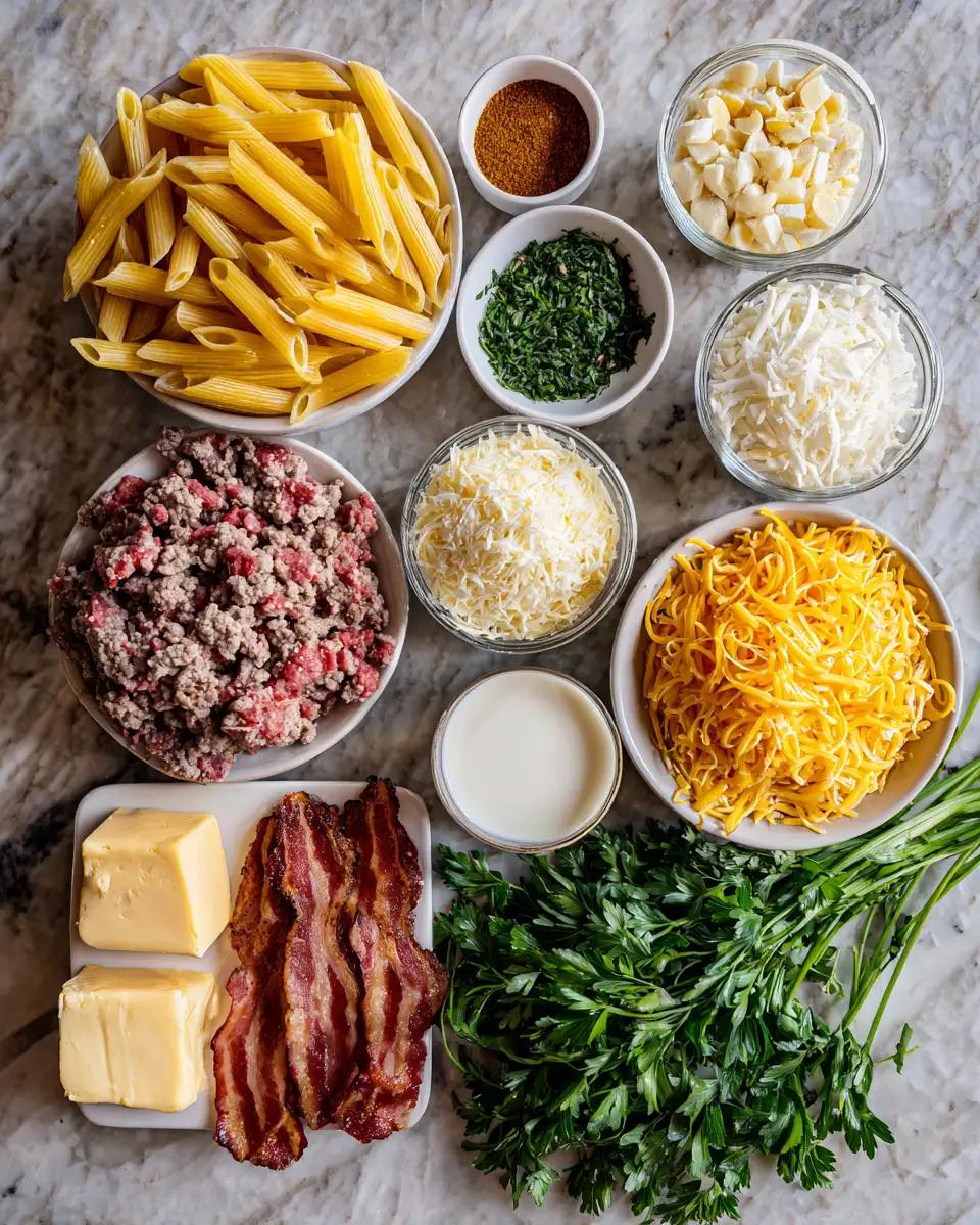 Ingredients for Indulge in the Ultimate Loaded Bacon Cheeseburger Alfredo Pasta Delight