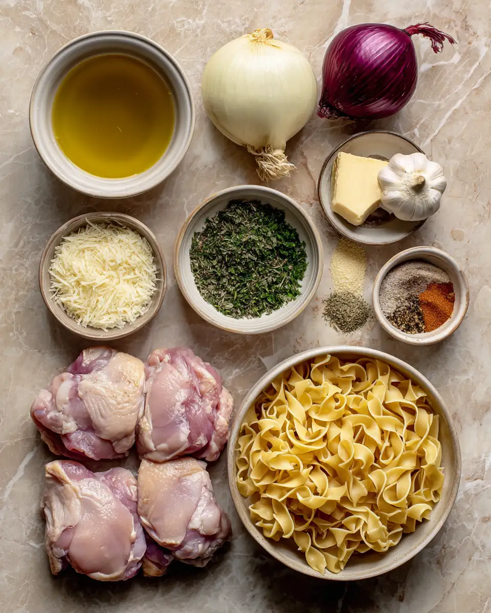 Ingredients for One-Pan Chicken with Buttered Noodles Comfort Food Made Easy