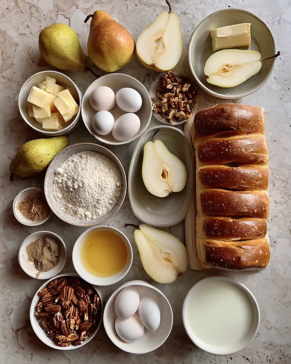 Ingredients for Decadent Pear and Pecan Challah French Toast Bake to Elevate Your Breakfast Game