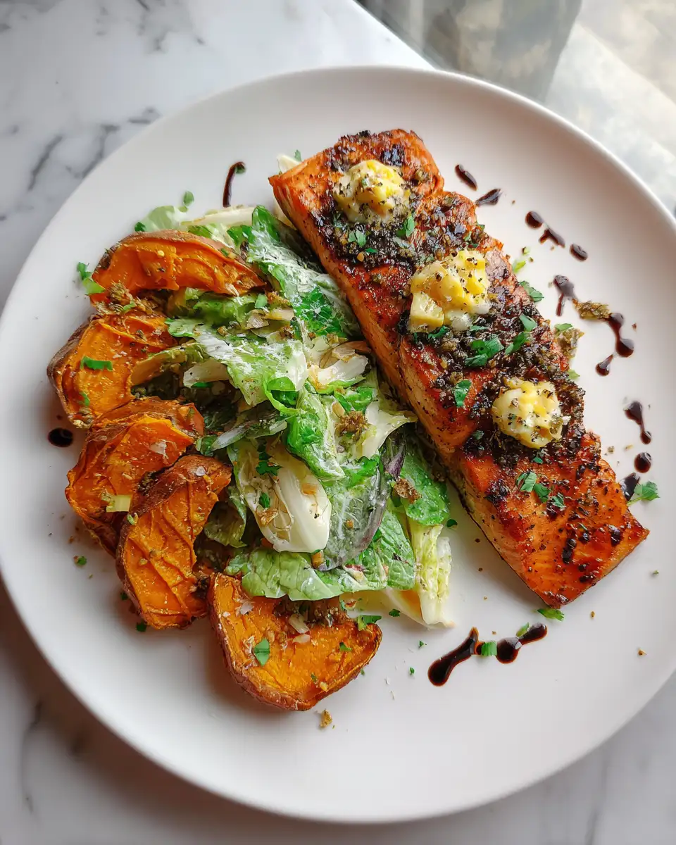 Final dish - Fresh and Flavorful Salmon and Caesar Salad with a Yummy Sweet Potato Twist