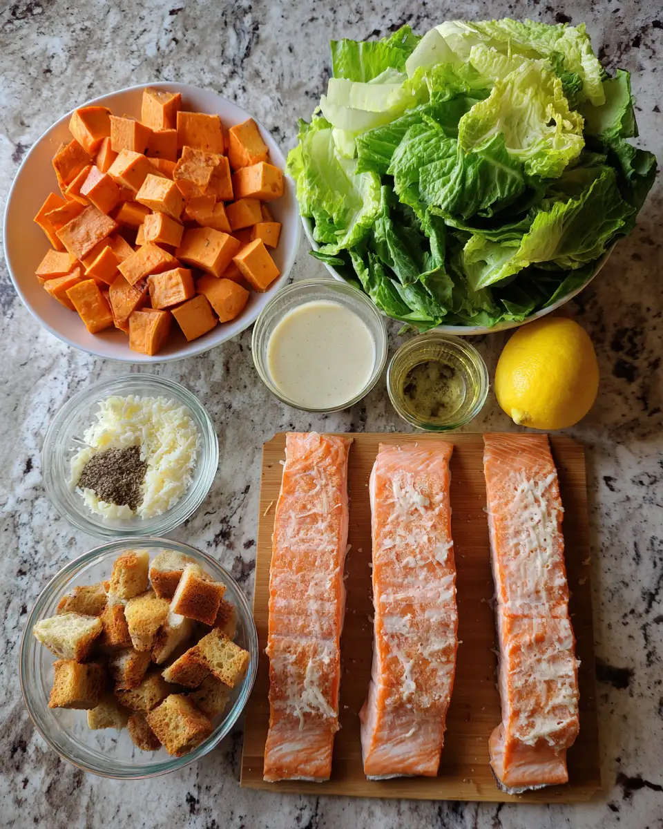 Ingredients for Fresh and Flavorful Salmon and Caesar Salad with a Yummy Sweet Potato Twist